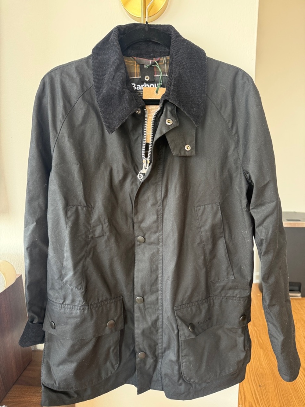 Barbour Ashby Black Waxed Field Jacket Corduroy Collar & Cuffs, Small, BRAND NEW
